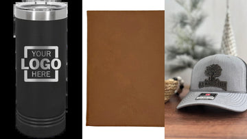 Engraved logo tumbler, leatherette journal and custom leather patch hat for corporate holiday gifts