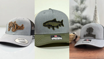 Leather patch trucker hats like the ones guests build at a custom hat bar