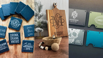 Laser engraved tumbler, cutting board and metal wallet made in Roanoke