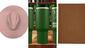 Personalized bridesmaid gifts: engraved tumbler, engraved vegan suede cowboy hat and leatherette journal