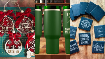 Personalized name ornament, custom engraved tumbler and engraved cowboy hat as Christmas gifts