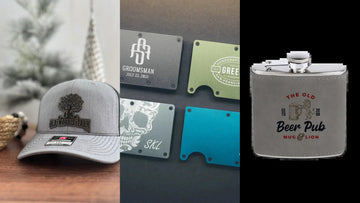 Personalized groomsmen gifts: engraved leather patch hat, metal wallet and leather wrapped flask