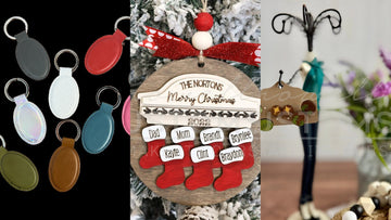 Engraved leatherette keychain, family stocking ornament and Christmas stud earrings as stocking stuffers
