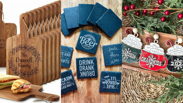 Engraved cutting board, coaster set and family ornament as realtor closing gifts
