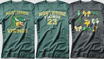 Northside Vikings school spirit wear: graphic spirit tee, custom number tee and choir bow design