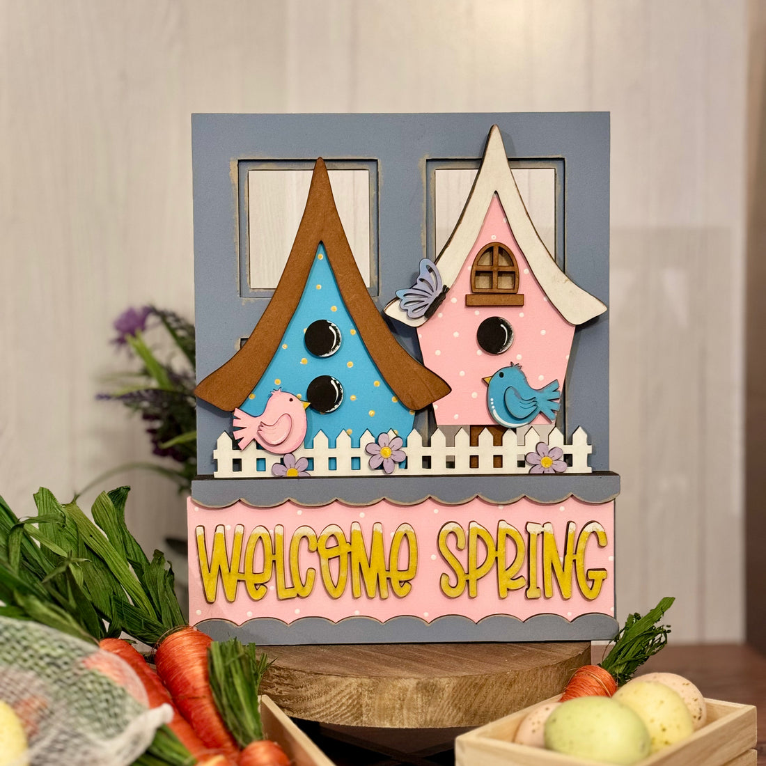 Birdhouse | Welcome Spring Colorful | Add-On for Interchangeable Window Box Shelf Sitter Base | Interchangeable Decor Add-On 