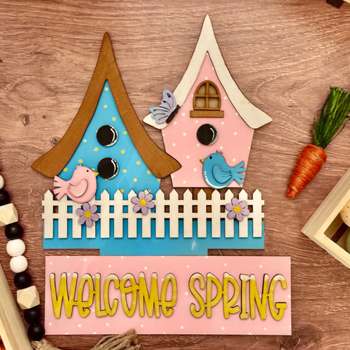 Birdhouse | Welcome Spring Colorful | Add-On for Interchangeable Window Box Shelf Sitter Base | Interchangeable Decor Add-On 