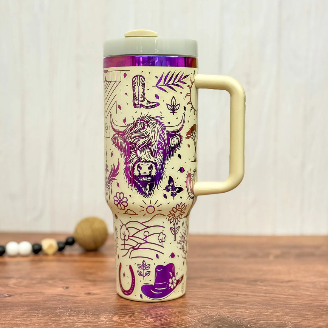 Boho Western Engraved 40oz Tumbler Cream to Purple 