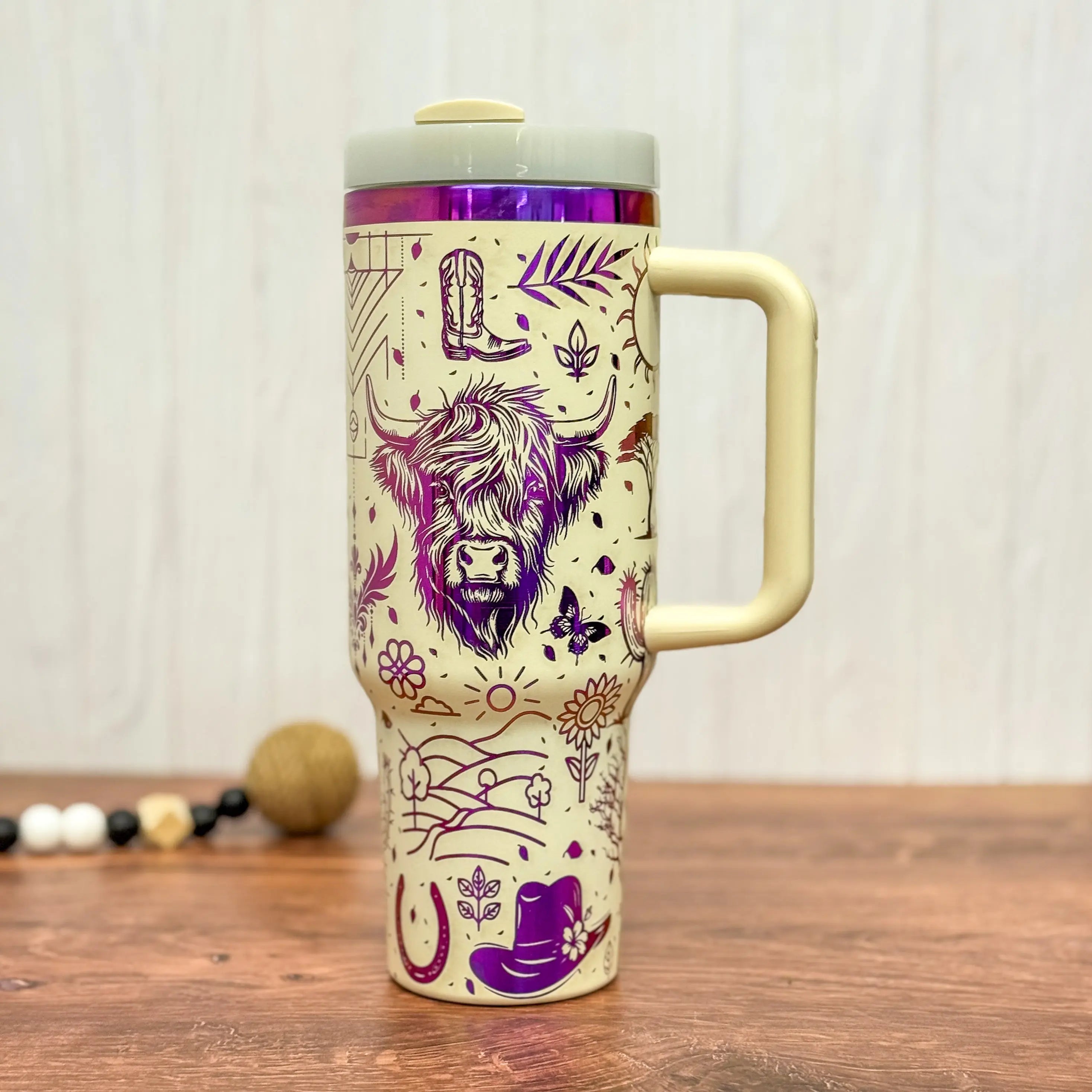 Boho Western Engraved 40oz Tumbler Cream to Purple 