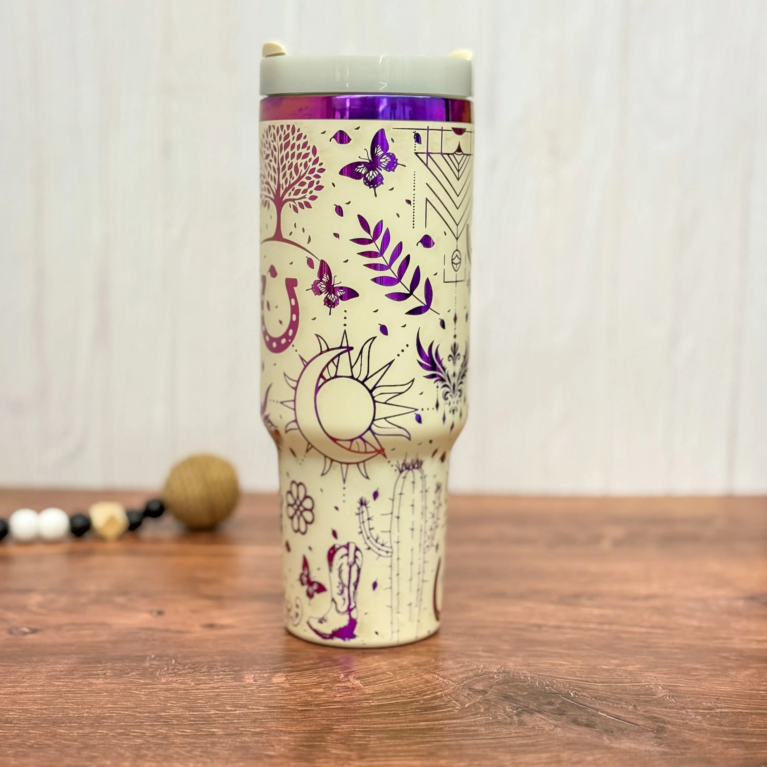 Boho Western Engraved 40oz Tumbler Cream to Purple 