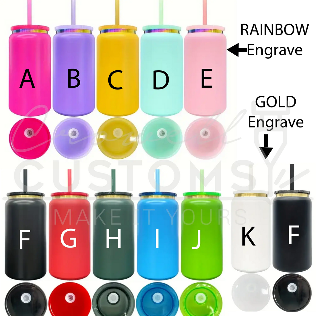 a collection of colorful, personalized drinkware with engraved letters and straws.