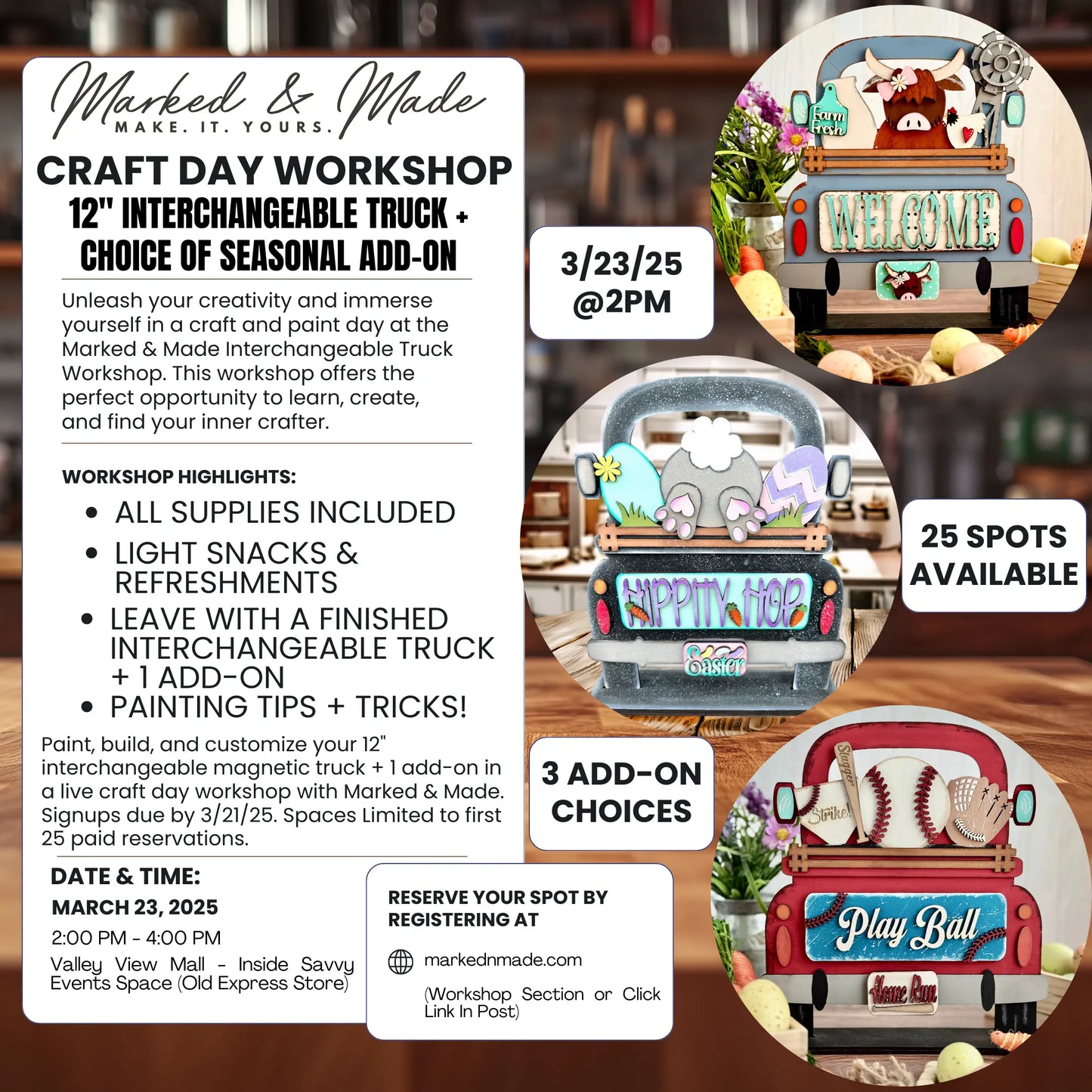 Craft Night Workshop | Interchangeable Truck Edition - In Person Event -  | 3/23/2025 @ 2PM - 4PM | Valley View Mall 