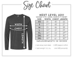 The image is a size chart for a long sleeve t-shirt, providing measurements for different chest sizes.