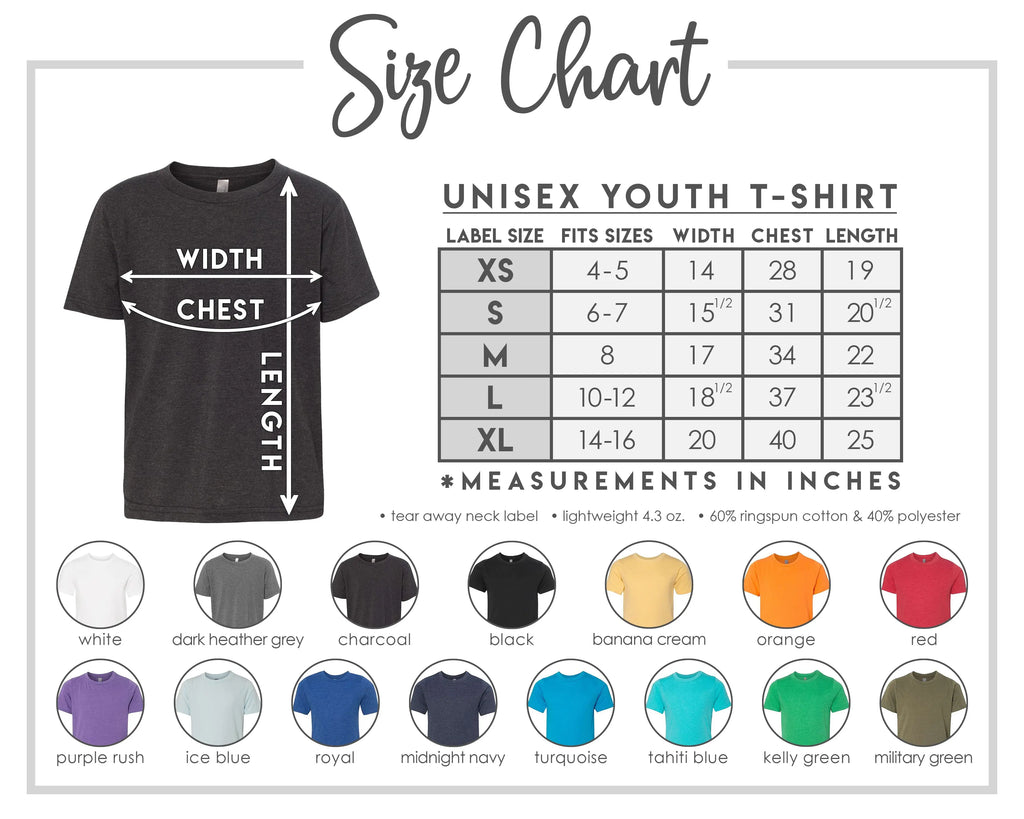 The image is a size chart for a UNISEYouth T-shirt, providing measurements for different age groups and corresponding shirt colors.