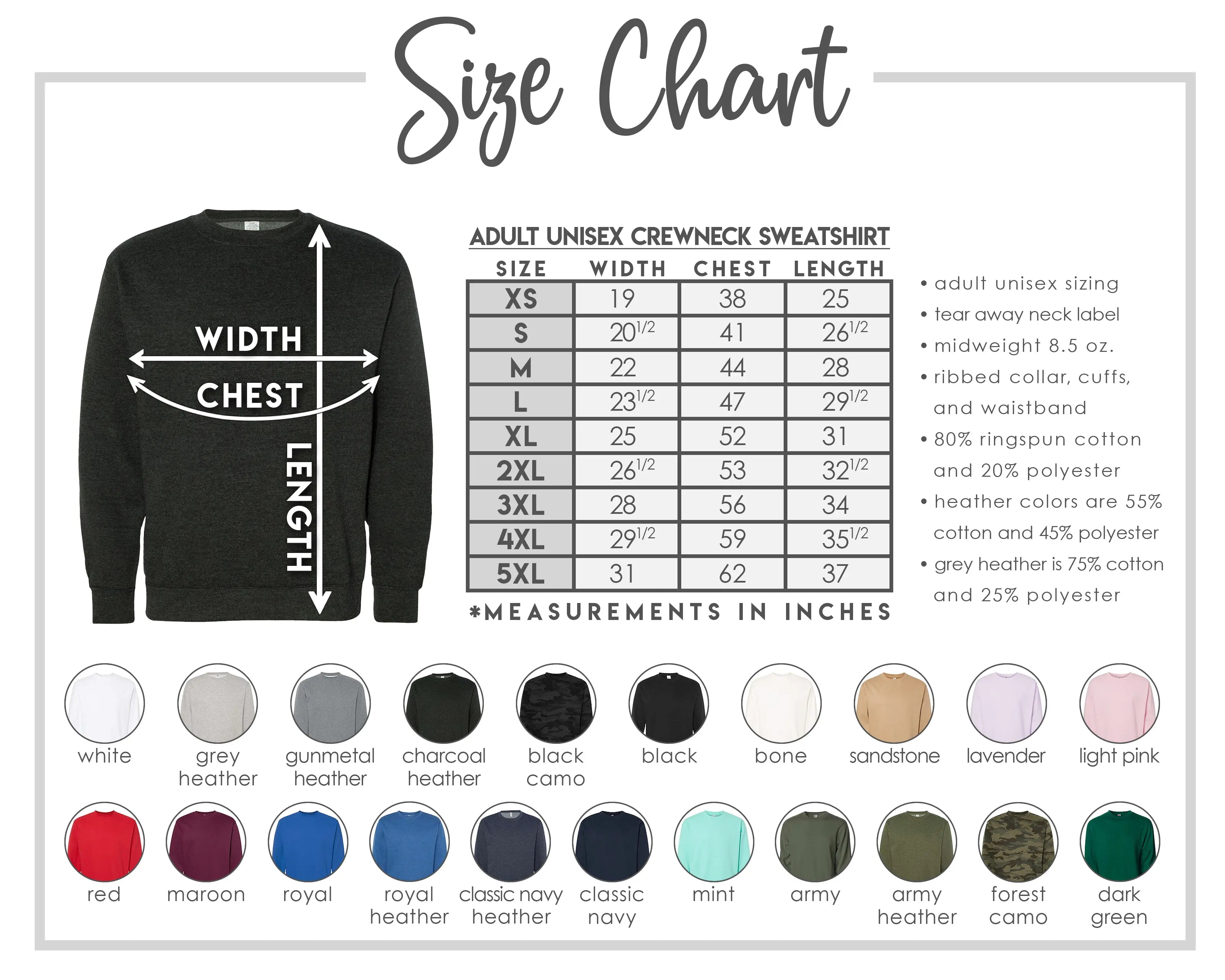 The image is a size chart for an adult unisex crewneck sweatshirt, providing measurements for chest width, chest length, and waist size. The chart includes color swatches for different styles and sizes, along with a list of styles and sizes.
