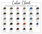 The image is a color chart for a printed trucker cap, displaying various camouflage patterns and colors.
