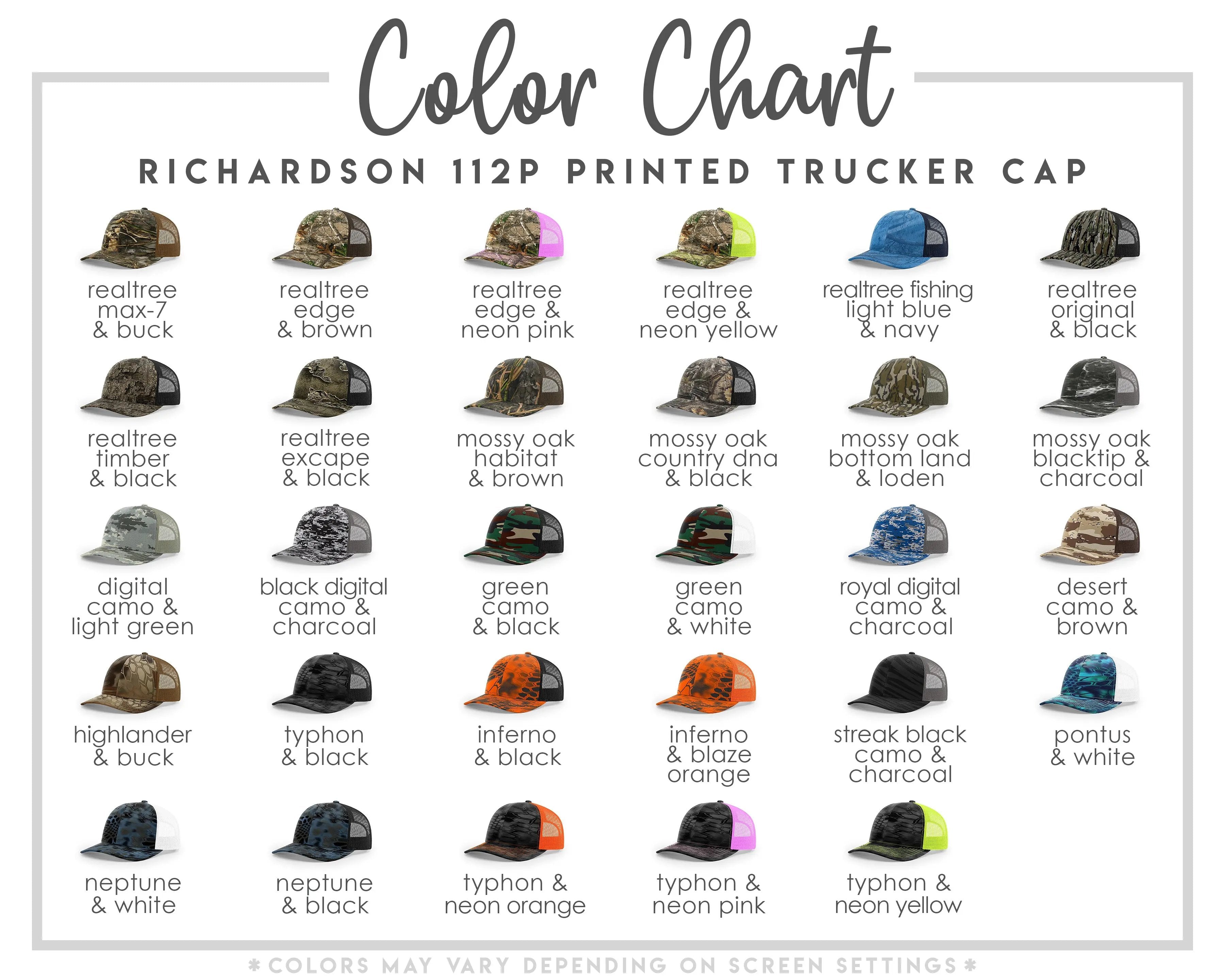 The image is a color chart for a printed trucker cap, displaying various camouflage patterns and colors.