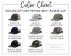 a color chart for a Richardson 112pm printed mesh trucker cap. The chart lists various colors and their corresponding descriptions, such as brown and desert camo, navy and navy to white fade, grey and green camo, lodeen and green camo, grey and grey camo, grey and grey and grey and grey, grey and grey and grey, grey and grey and grey, green camo and stars & stripes, black and black to white fade, green camo and stars & stripes, and black and black to white fade.