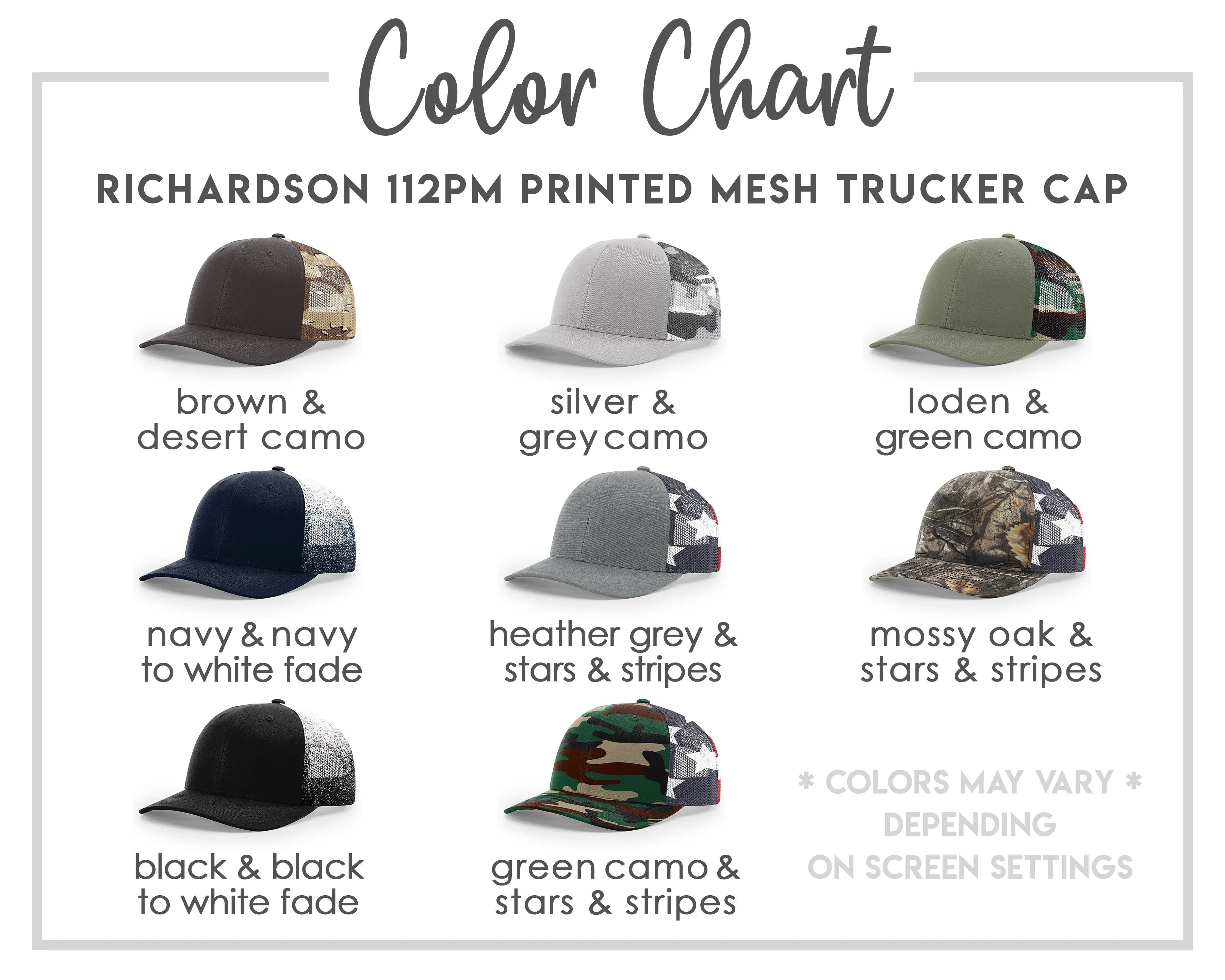 a color chart for a Richardson 112pm printed mesh trucker cap. The chart lists various colors and their corresponding descriptions, such as brown and desert camo, navy and navy to white fade, grey and green camo, lodeen and green camo, grey and grey camo, grey and grey and grey and grey, grey and grey and grey, grey and grey and grey, green camo and stars & stripes, black and black to white fade, green camo and stars & stripes, and black and black to white fade.