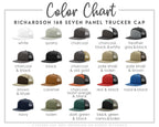 a color chart for a seven-panel trucker cap, showing various color options such as white, quary, charcoal, charcoal, heather, grey & black, pale khaki, pale kaki, brown, caramel, burnt orange, red & black, royal & black, navy, lodeen, dark green & black, and camo & loden. The colors may vary depending on screen settings.