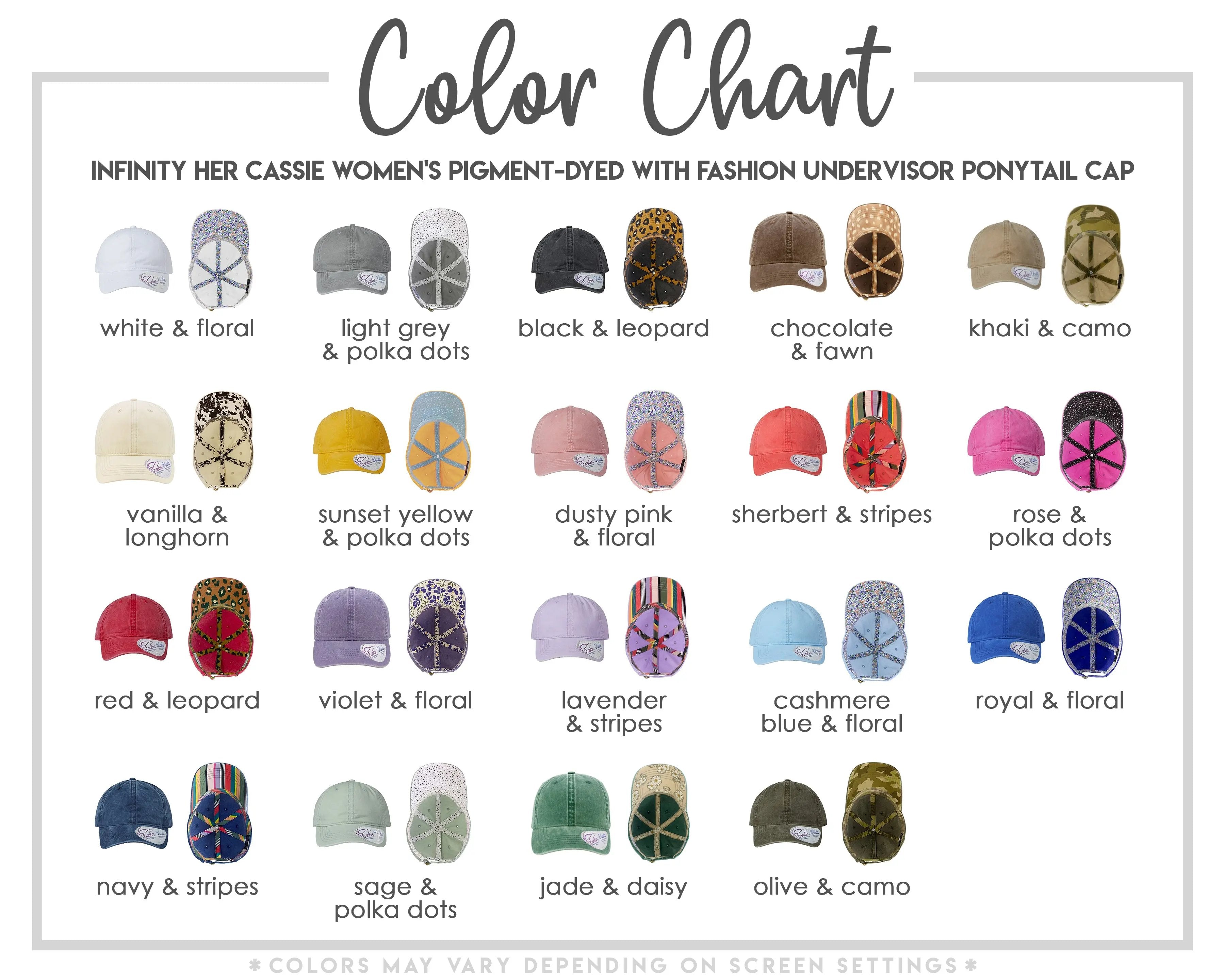 a collection of 16 different hats in various colors and styles, including white and floral, light grey and polka dots, black and leopard print, chocolate & fawn, khaki & camo, vanilla & floral, sunset yellow & polka dots, dusty pink & floral, Sherbert & stripes, rose & polka dots, red & leopard, violet & floral, lavender & stripes, blue & floral, royal & floral, navy & stripes, and jade & daisy.