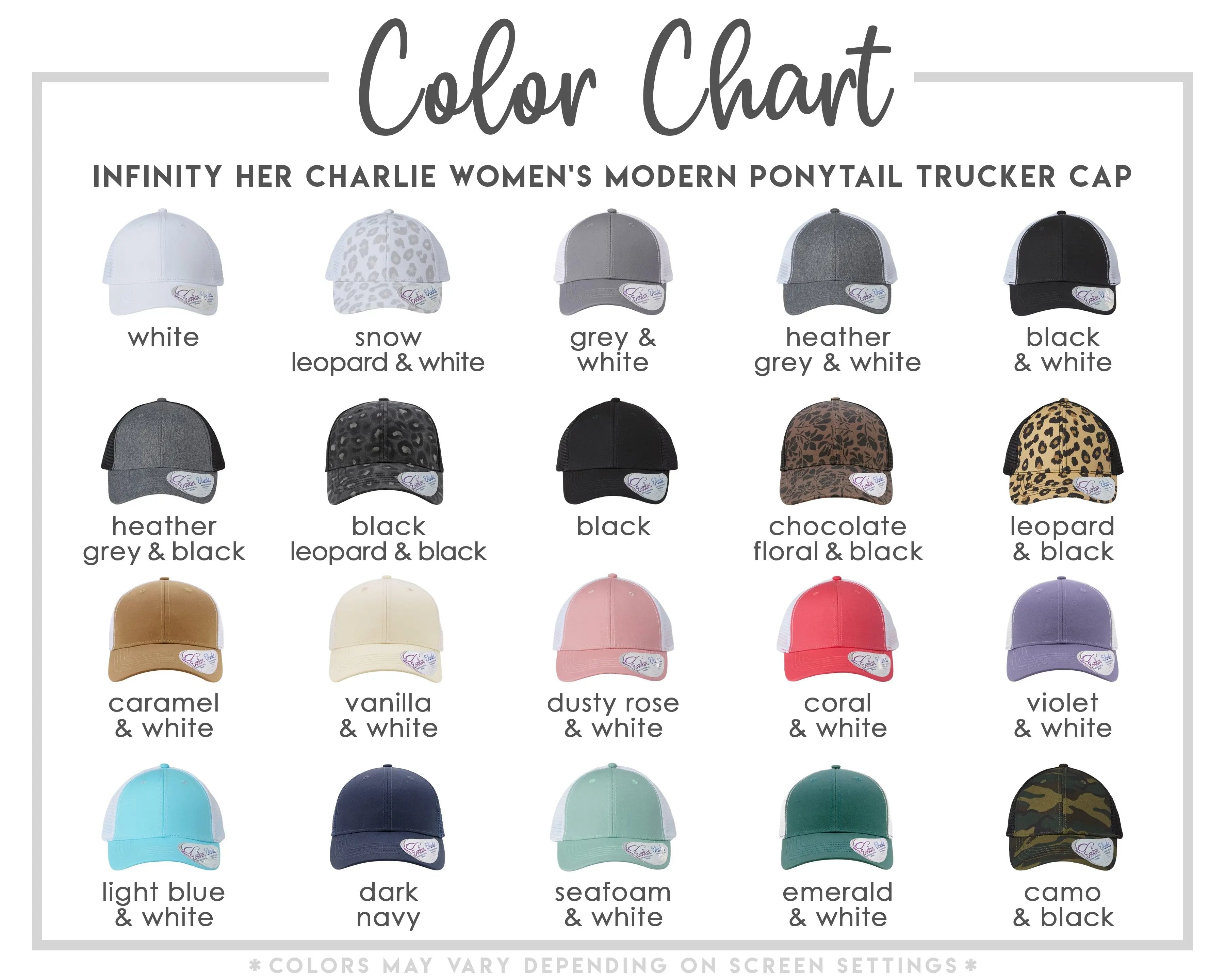 a collection of 16 different hats in various colors, including white, grey, black, leopard, chocolate, leopard and black, caramel, vanilla, dusty rose, coral, violet, light blue, dark blue, navy, and camo.