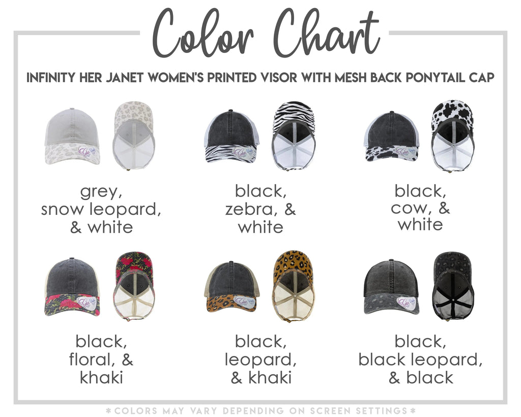 a collection of nine different printed visor hats in various colors and styles, including grey, black, white, and leopard print.