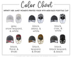 a collection of nine different printed visor hats in various colors and styles, including grey, black, white, and leopard print.