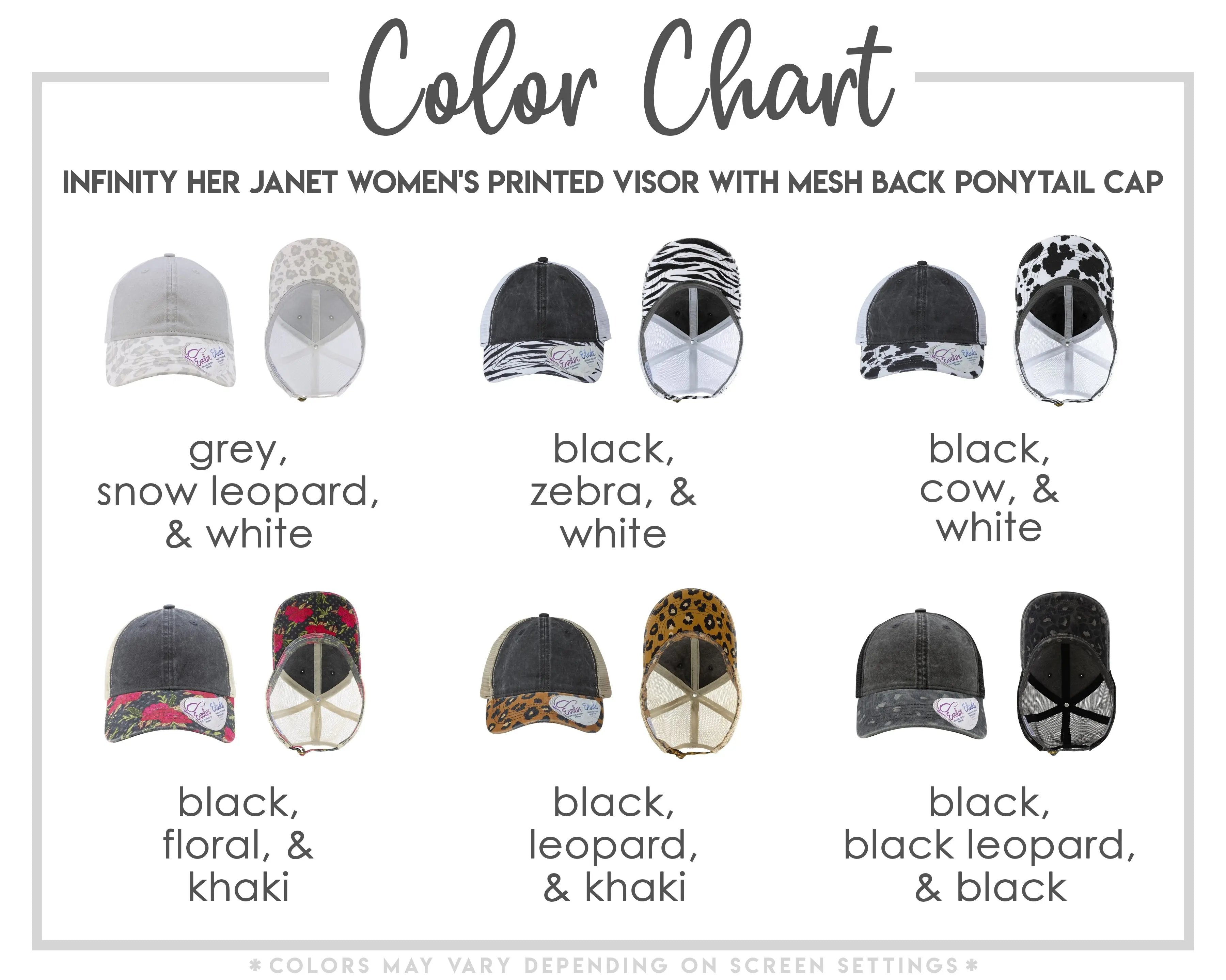 a collection of nine different printed visor hats in various colors and styles, including grey, black, white, and leopard print.