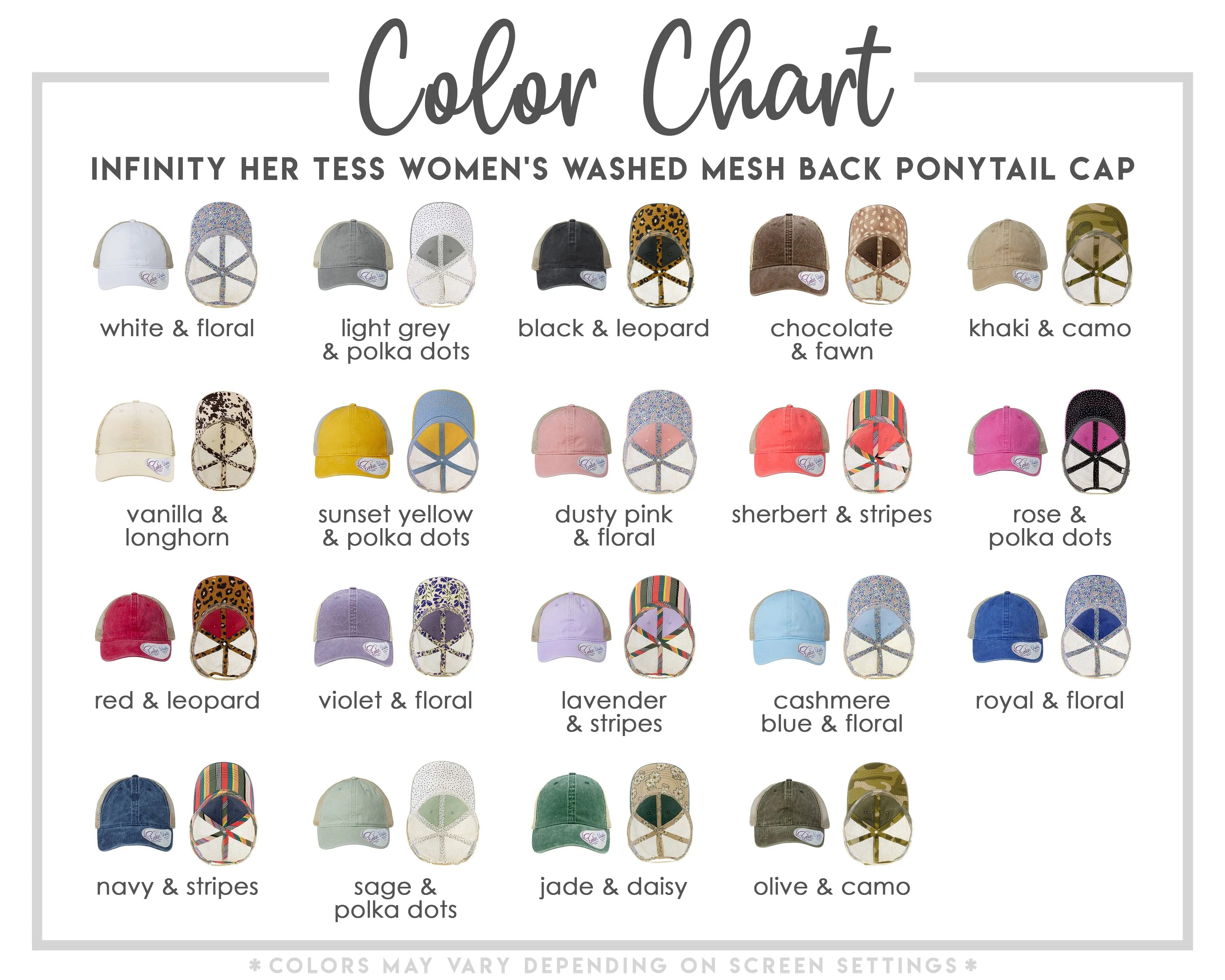 The image is a color chart that displays various types of women's hats in different colors, including white, floral, light grey, black and leopard, chocolate & worn, khaki & camo, vanilla & longhorn, sunset yellow & polka dots, dusty pink & floral, Sherbert & stripes, rose & polka dots, red & leopard, violet & floral, lavender & stripes, blue & floral, royal & floral, navy & stripes, sage & polka dots, jade & daisy, olive & camel, and navy & stripes.