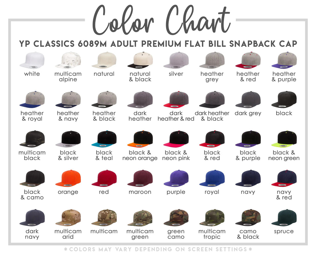 The image is a color chart displaying various adult flat caps in different colors, including white, multicolored, natural, silver, heather, royal, and navy.