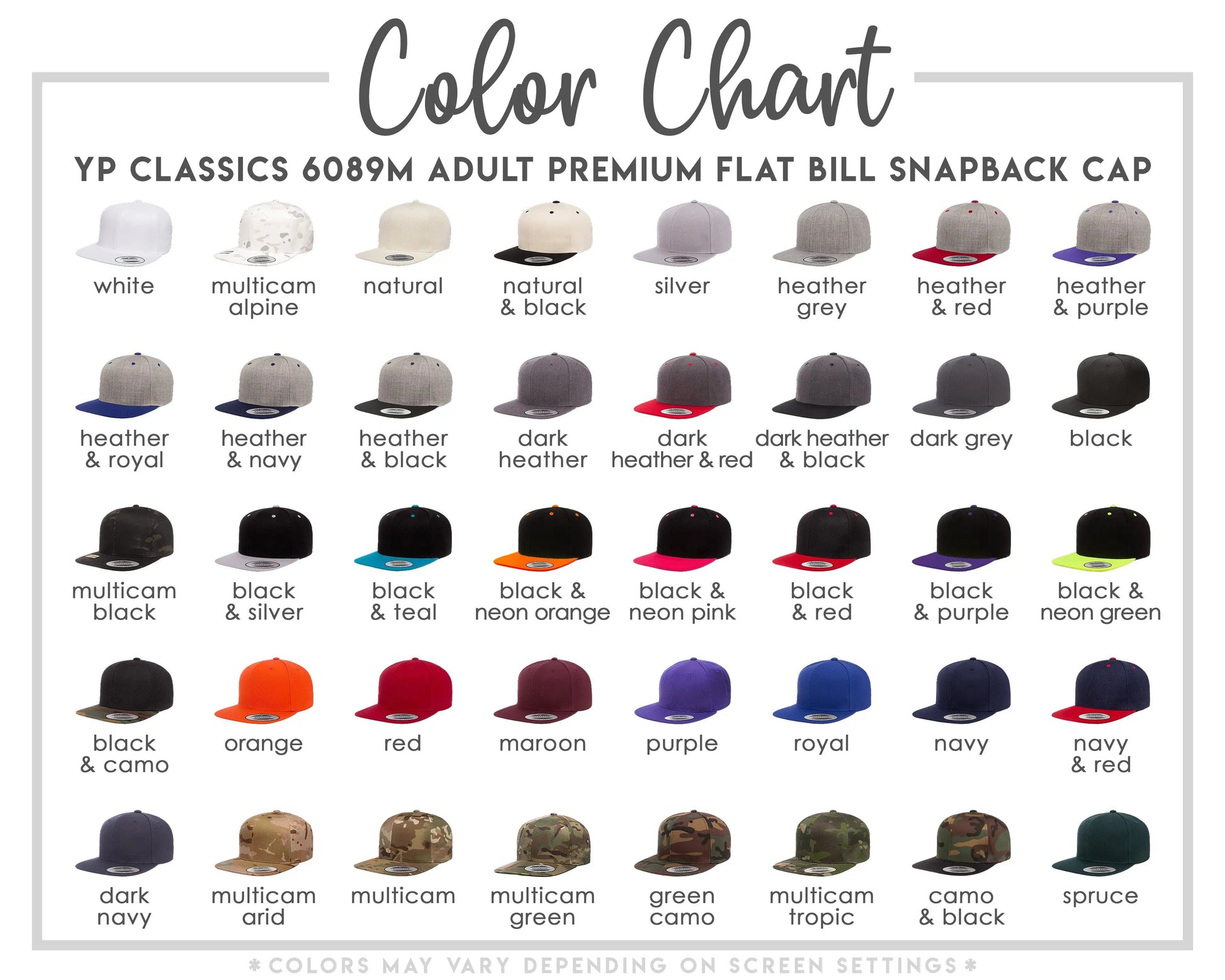 The image is a color chart displaying various adult flat caps in different colors, including white, multicolored, natural, silver, heather, royal, and navy.