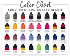 The image is a color chart for an adult pom-pom cuffed beanie, showing various color options such as light grey, dark grey, dark grey, black, black & red, and red & gold.