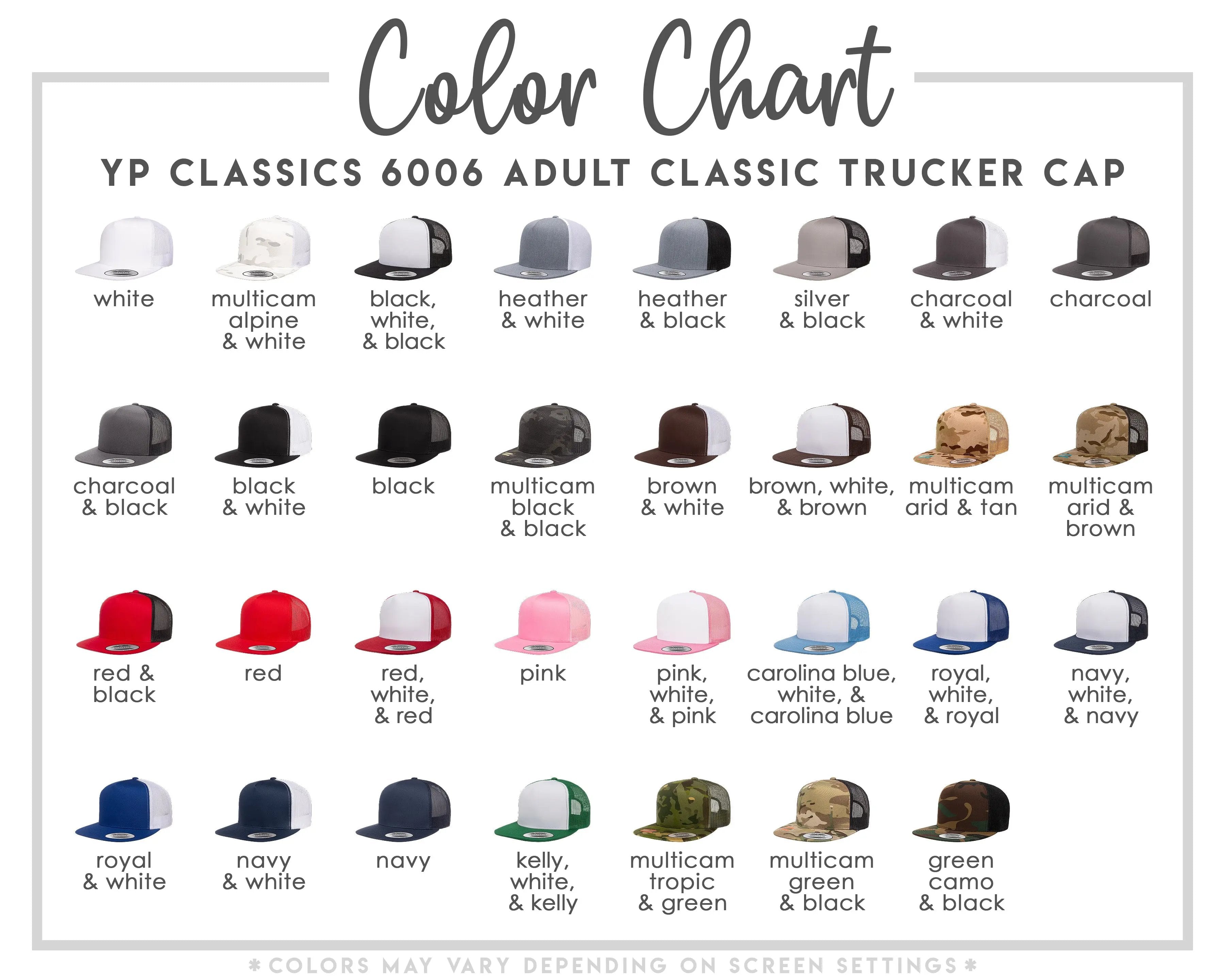 The image is a color chart for adult classic trucker caps, displaying various colors and styles available for purchase.