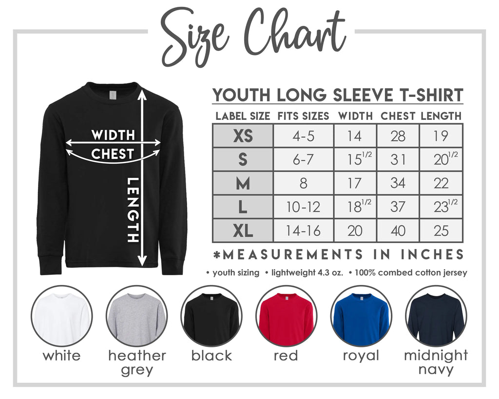 The image is a size chart for a youth long sleeve t-shirt, providing measurements and corresponding shirt colors.