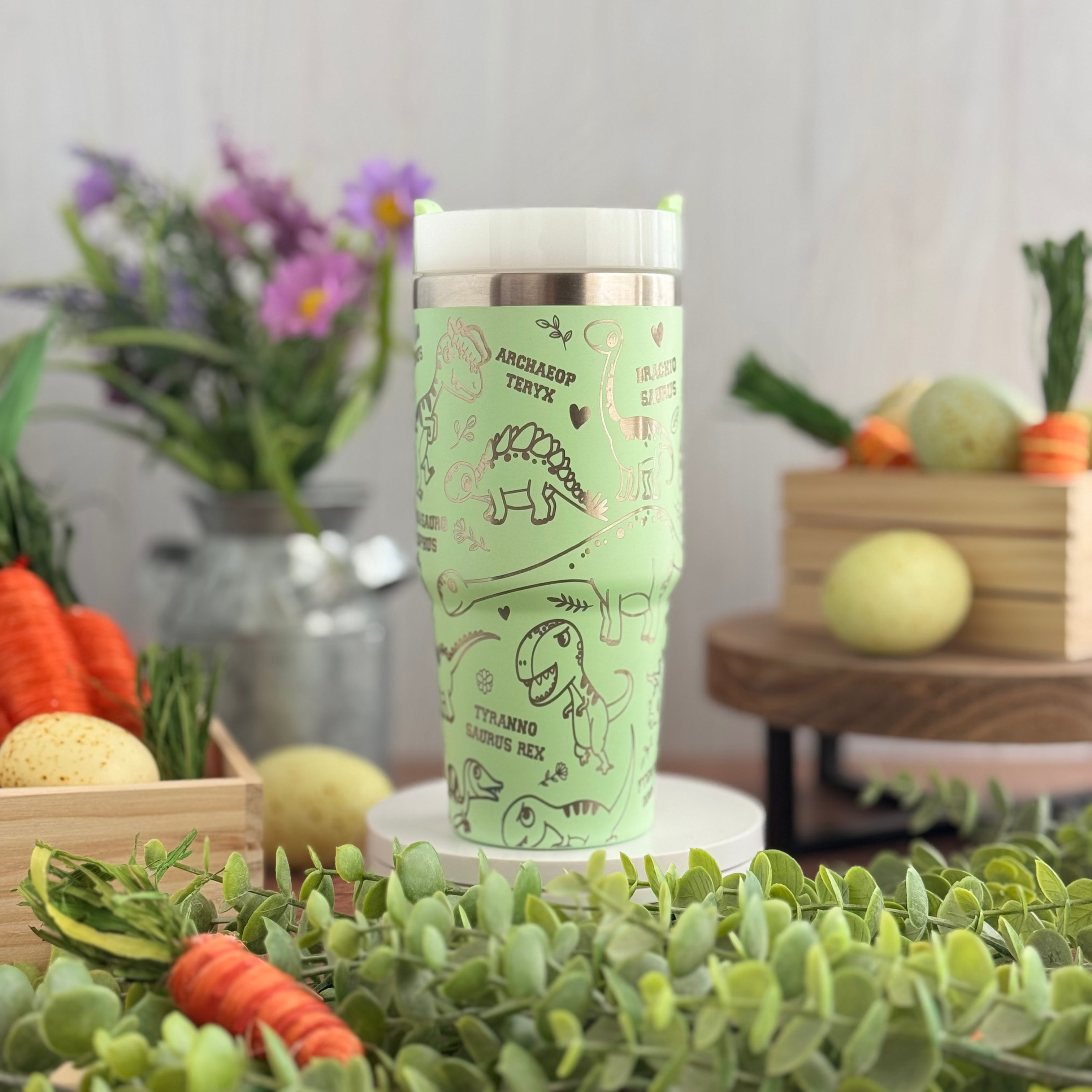 Dinosaur Engraved Pastel Green 14oz Tumbler 