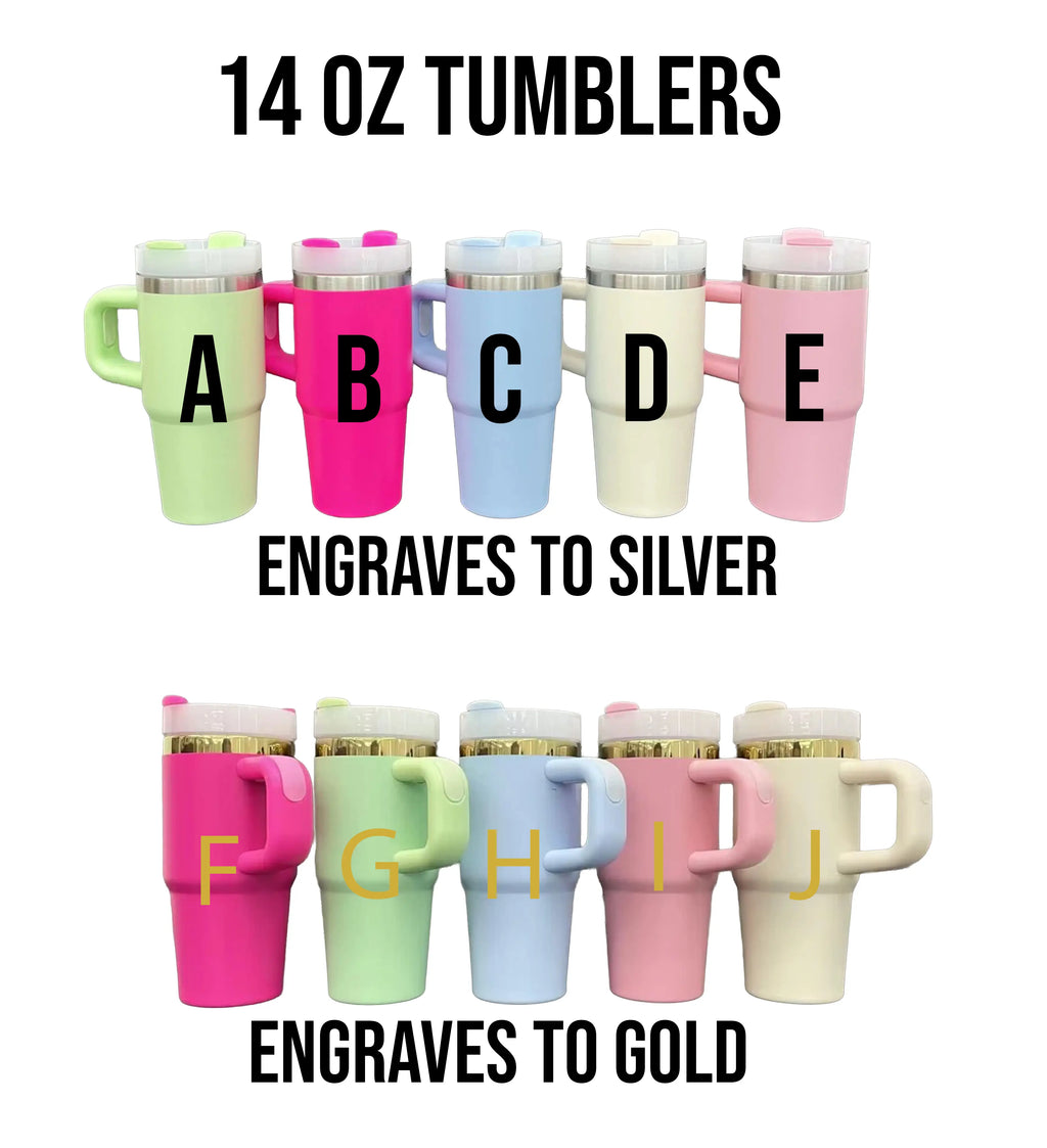 a set of four travel mugs with the names of each of them