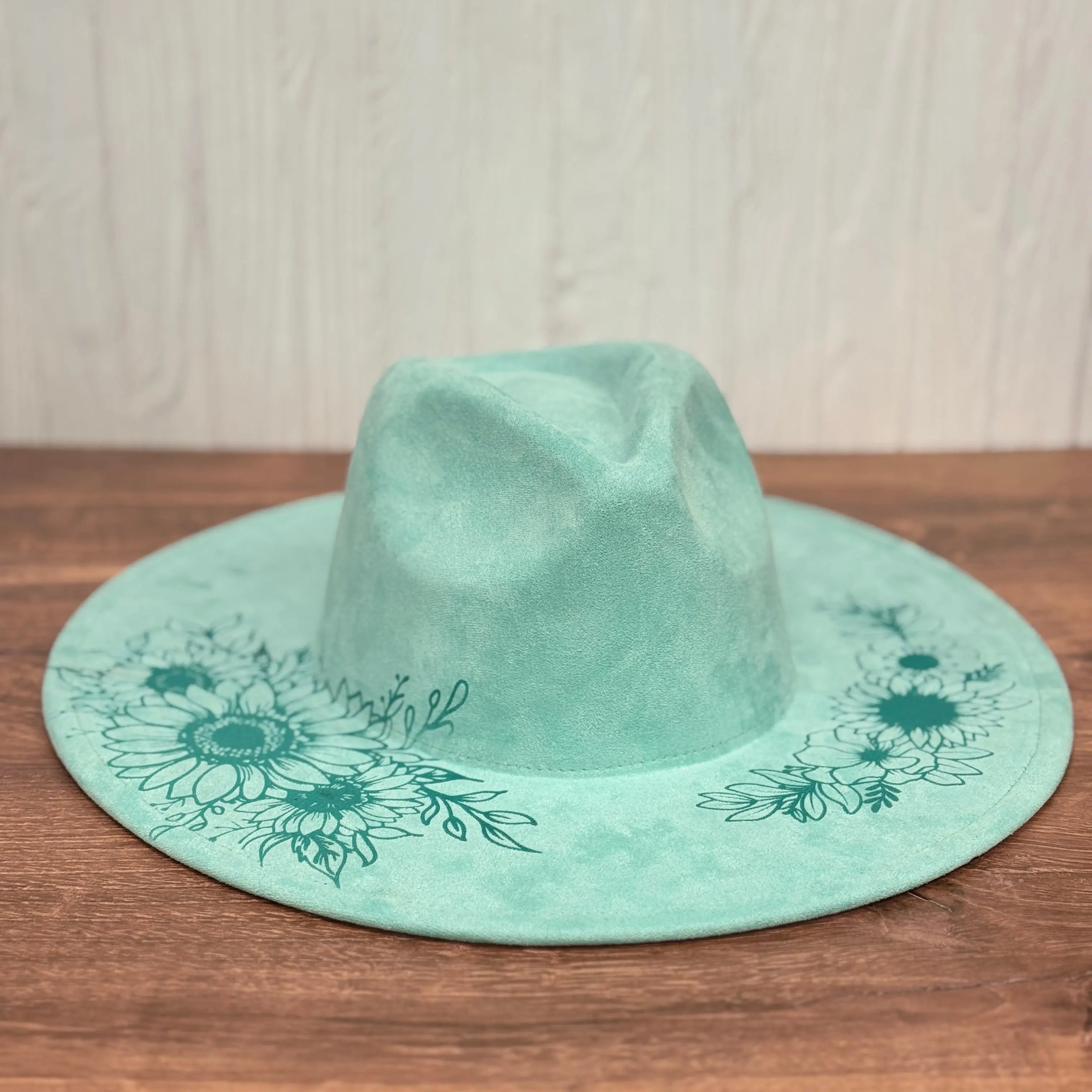 Engraved Vegan Suede Flat Brim Cowboy Hat 