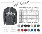 The image is a size chart for a grey hooded pullover sweater from the Independent Trading Co. AF90OUN. It provides measurements for different chest and waist sizes, as well as the corresponding sleeve and waistband measurements. The chart also includes color swatches for the various sizes and styles of the sweater.