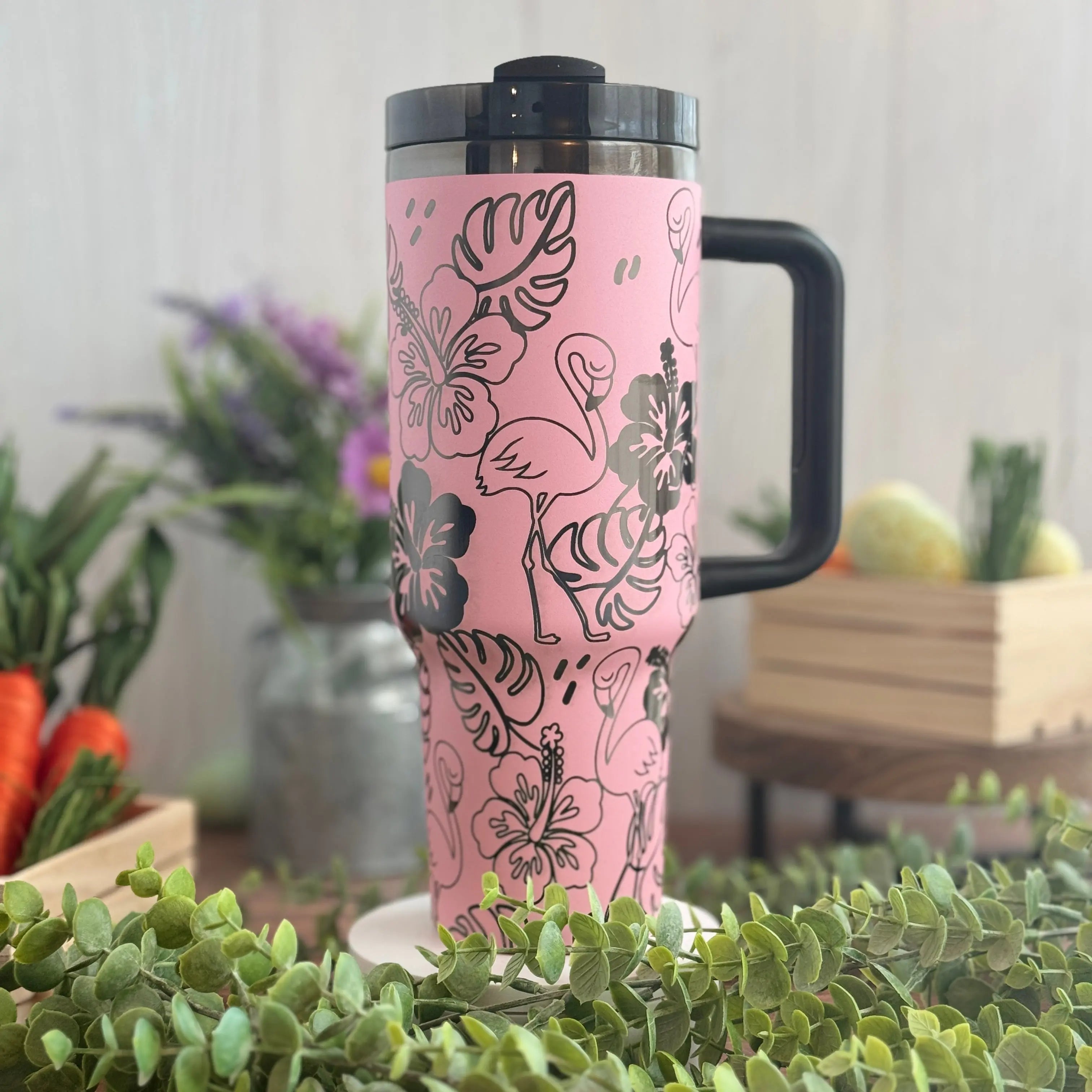 Flamingo Tropical Pink to Black Tumbler 40oz 