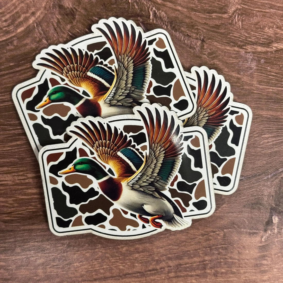 Flying Mallard With Camo Background | UV Printed Leather Hat Patch 