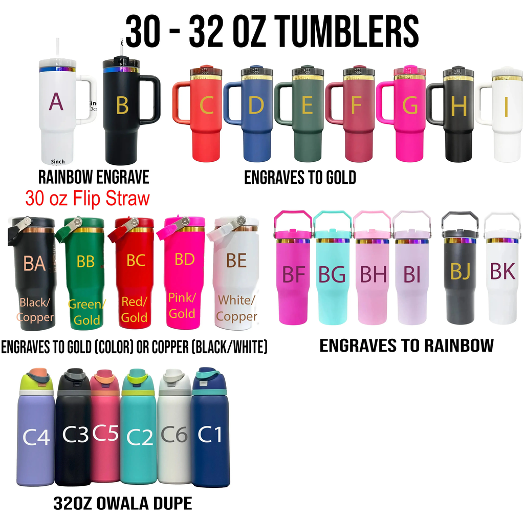 a collection of 32 oz tumblers in various colors and sizes, including a 30 oz Flip Straw, a Rainbow Engrave, and engravings to gold, black, white, and copper. The tumblers are arranged in a grid-like pattern, showcasing the different options available for customization.