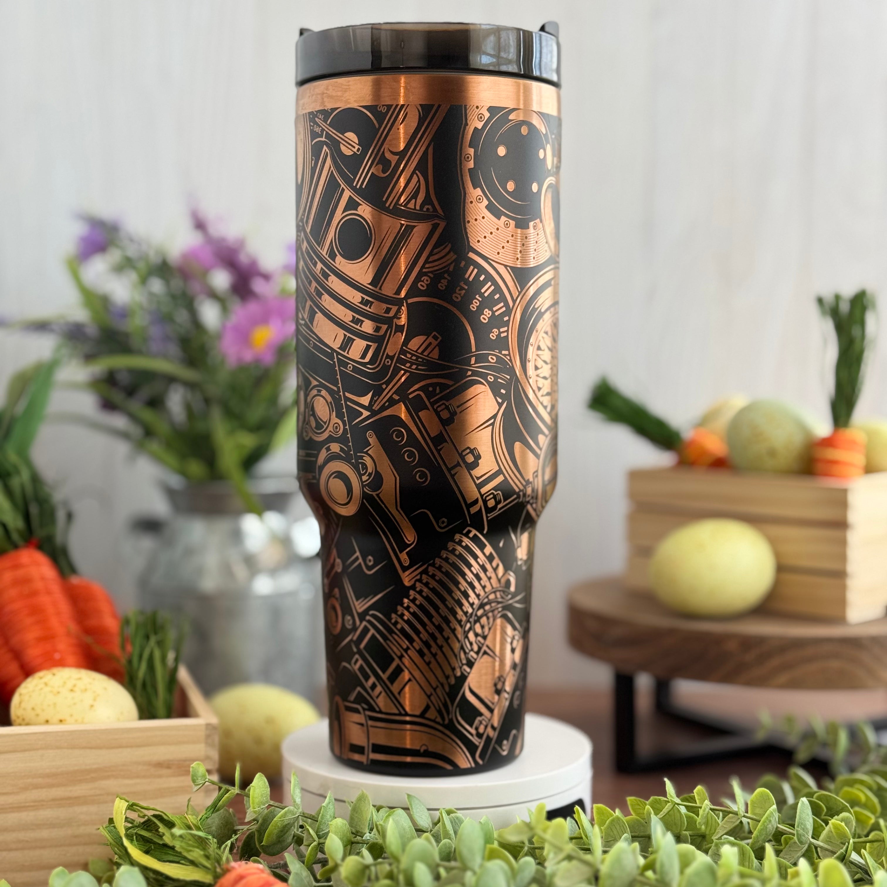 Gearhead Engraved Car Guy Tumbler Black to Copper 40oz 