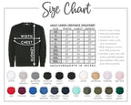 The image is a size chart for an adult unisex crewneck sweatshirt, providing measurements for chest width, chest length, and waist size. The chart includes color swatches for different styles and sizes, along with a list of styles and sizes.