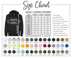 The image is a size chart for an adult unisex hoodie, providing measurements for chest width, chest length, and other dimensions.
