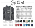 The image is a size chart for a gray hooded pullover sweater from the Independent Trading Co. AF90OUN. It includes measurements for chest, waist, and length, along with color options for the shirt and waistband.