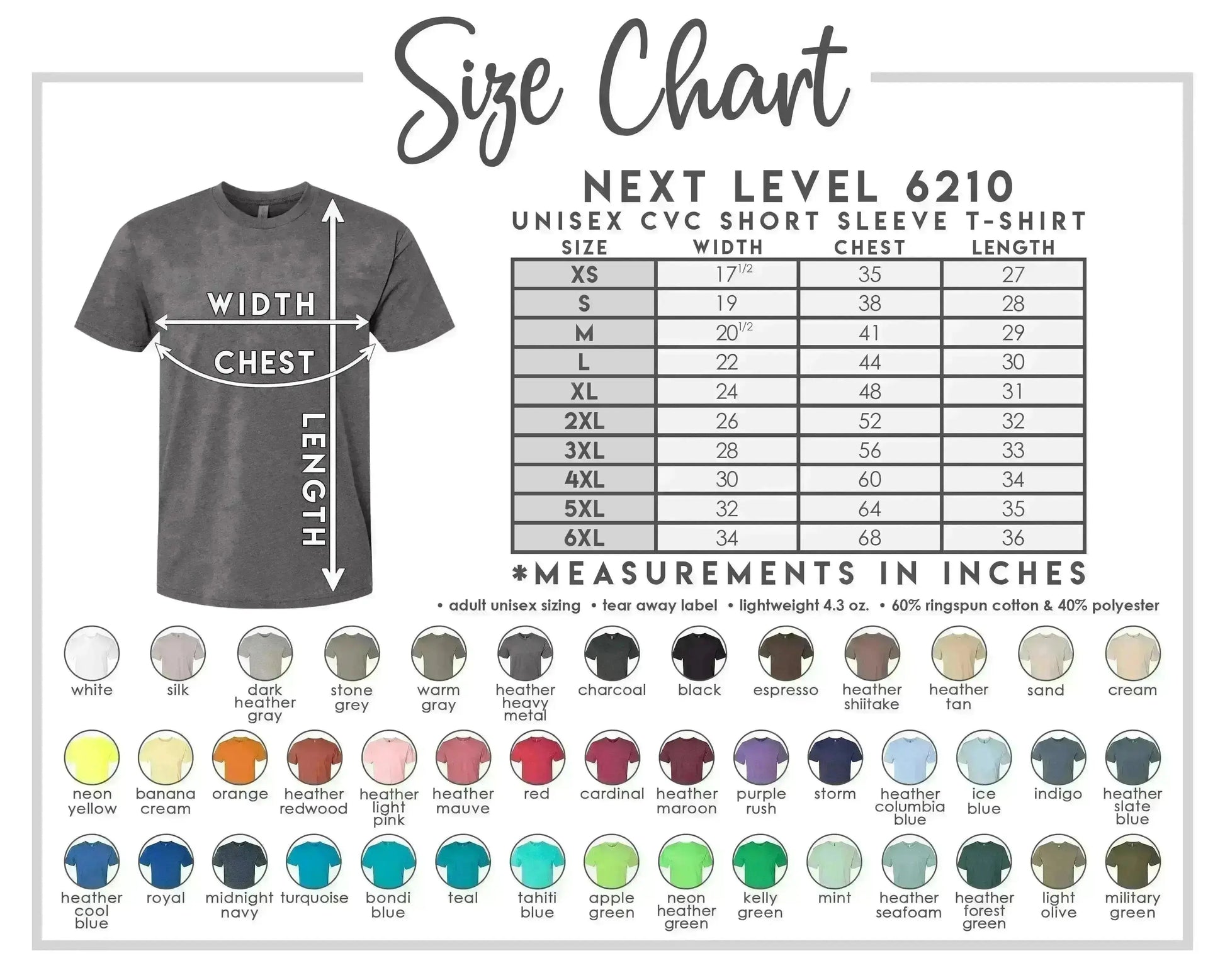 The image is a size chart for a unisex short sleeve t-shirt, providing measurements and color options for different sizes.