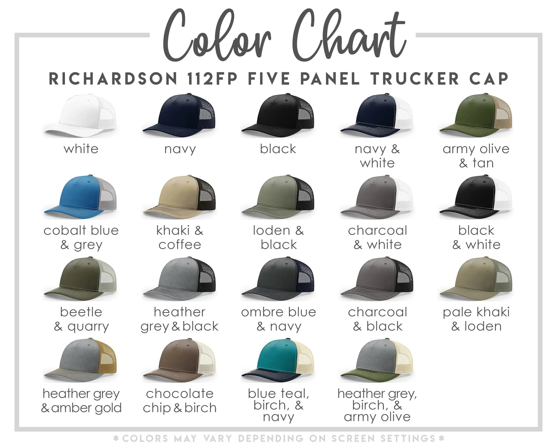 a color chart for a five-panel trucker cap, showing various color options such as white, navy, black, army olive, and more.