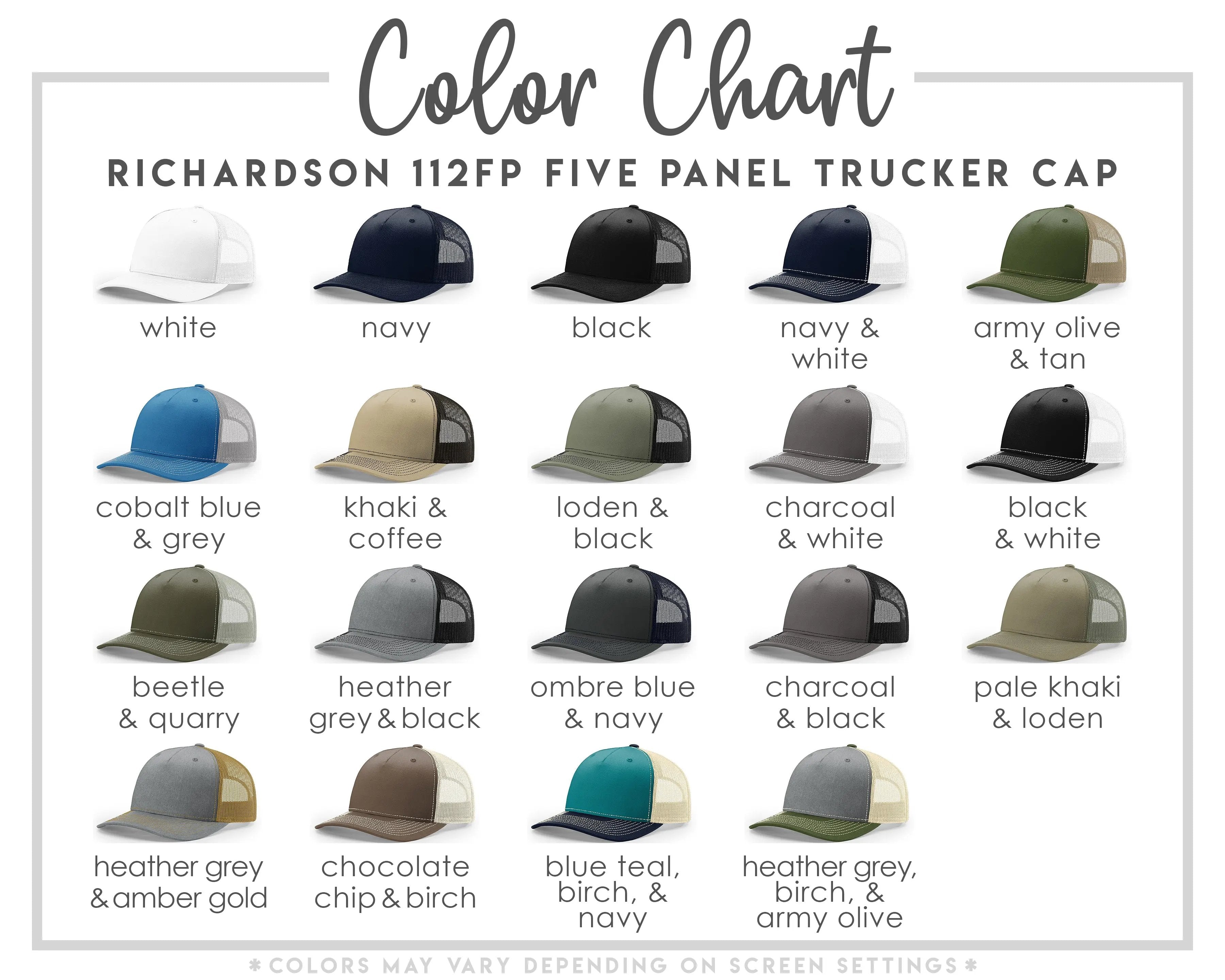 a color chart for a five-panel trucker cap, showing various color options such as white, navy, black, army olive, and more.