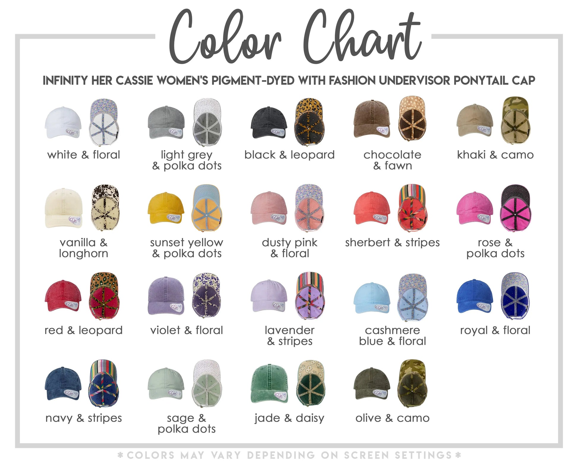 a collection of 16 different hats in various colors and styles, including white and floral, light grey and polka dots, black and leopard print, chocolate & fawn, khaki & camo, vanilla & floral, sunset yellow & polka dots, dusty pink & floral, Sherbert & stripes, rose & polka dots, red & leopard, violet & floral, lavender & stripes, blue & floral, royal & floral, navy & stripes, and jade & daisy.